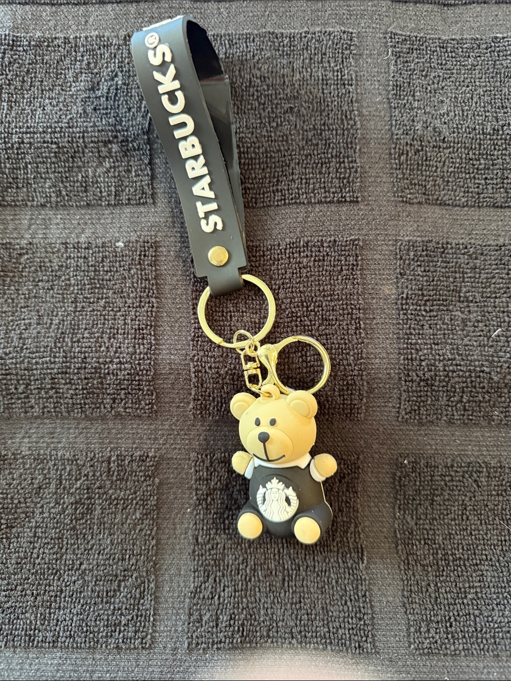 Starbucks Black & Tan Bear Keychain Wristlet with Gold Hardware